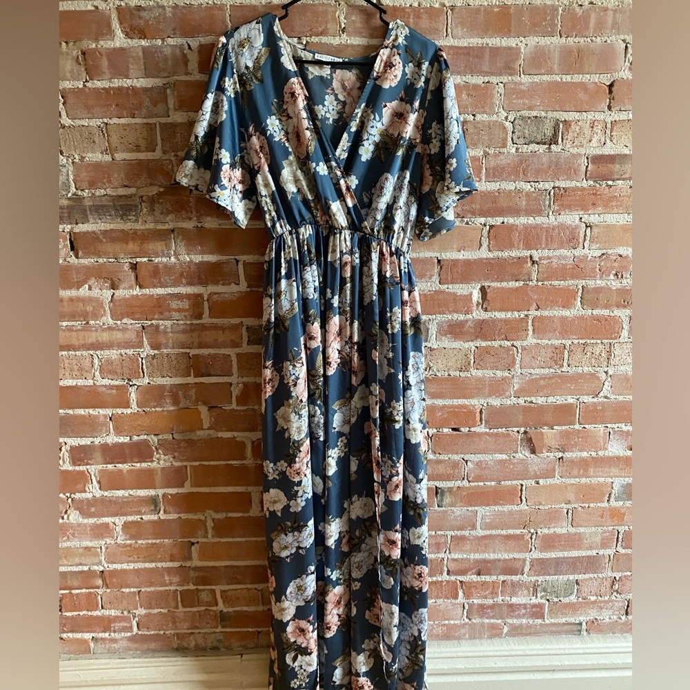 Baltic Born Sicily Satin Maxi Dress in Blue Floral